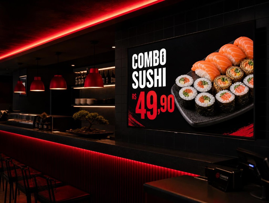 Menu Board Digital no momento do pedido em sushi