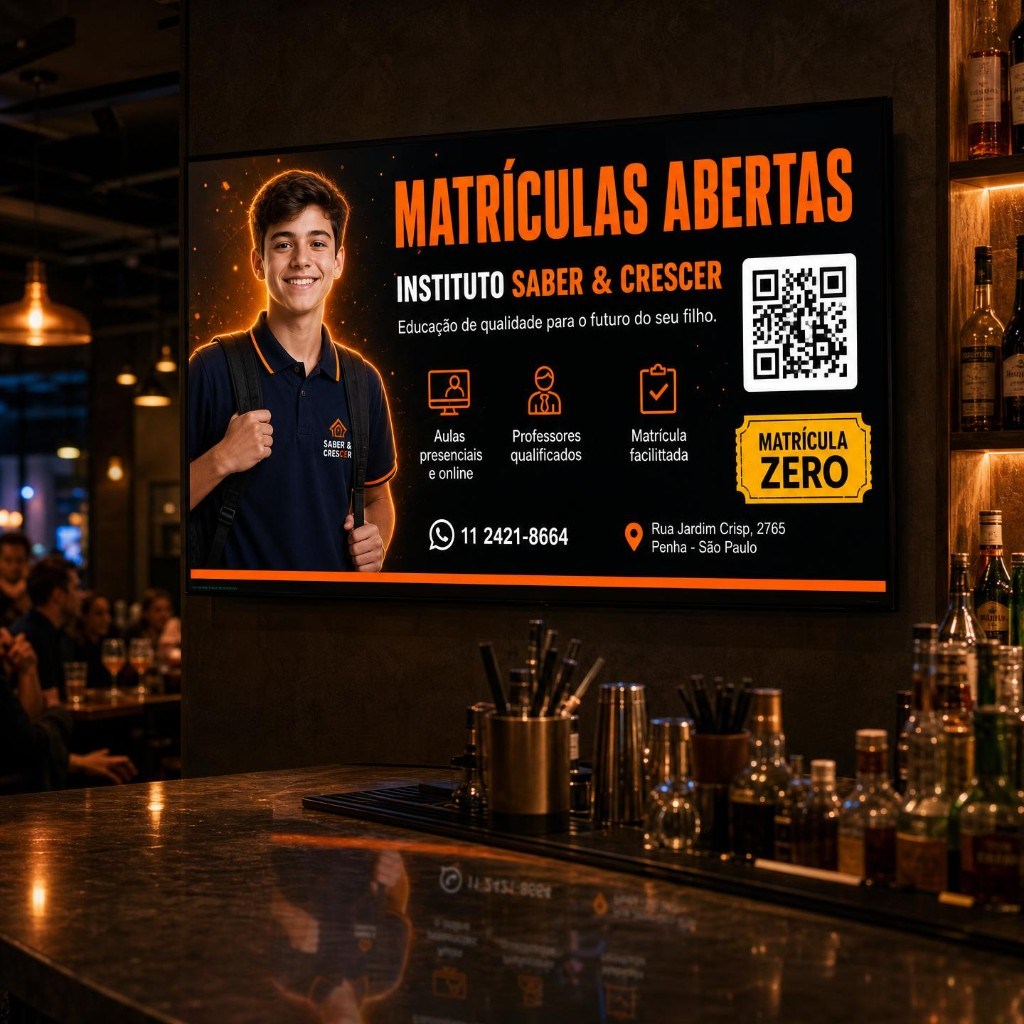 Mídia indoor em bar com TV digital e campanha da plataforma Methoduz