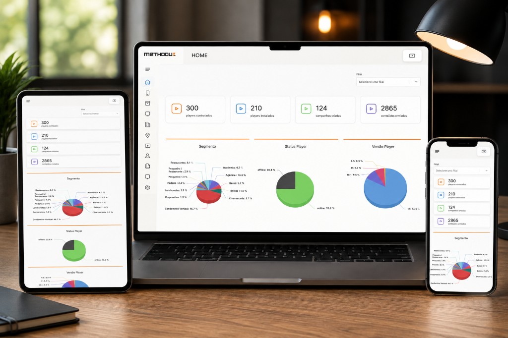 Plataforma Methoduz no notebook, tablet e celular — dashboard com players, campanhas e conteúdos