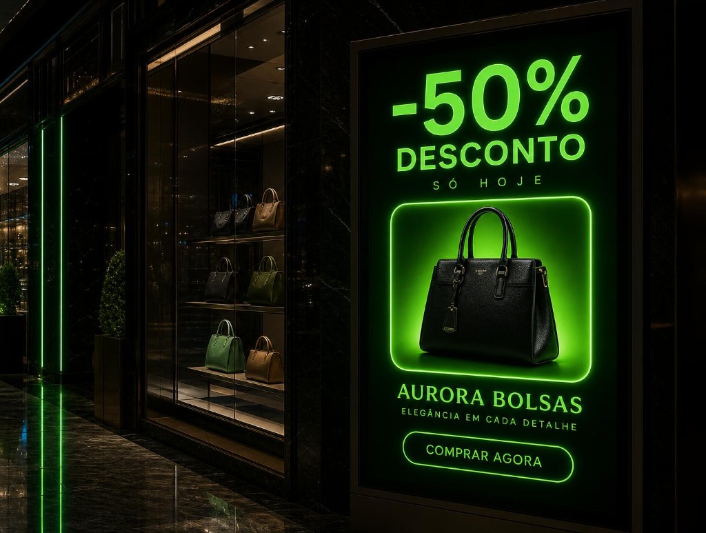 Sinalização digital para loja de bolsas com promoção em vitrine digital