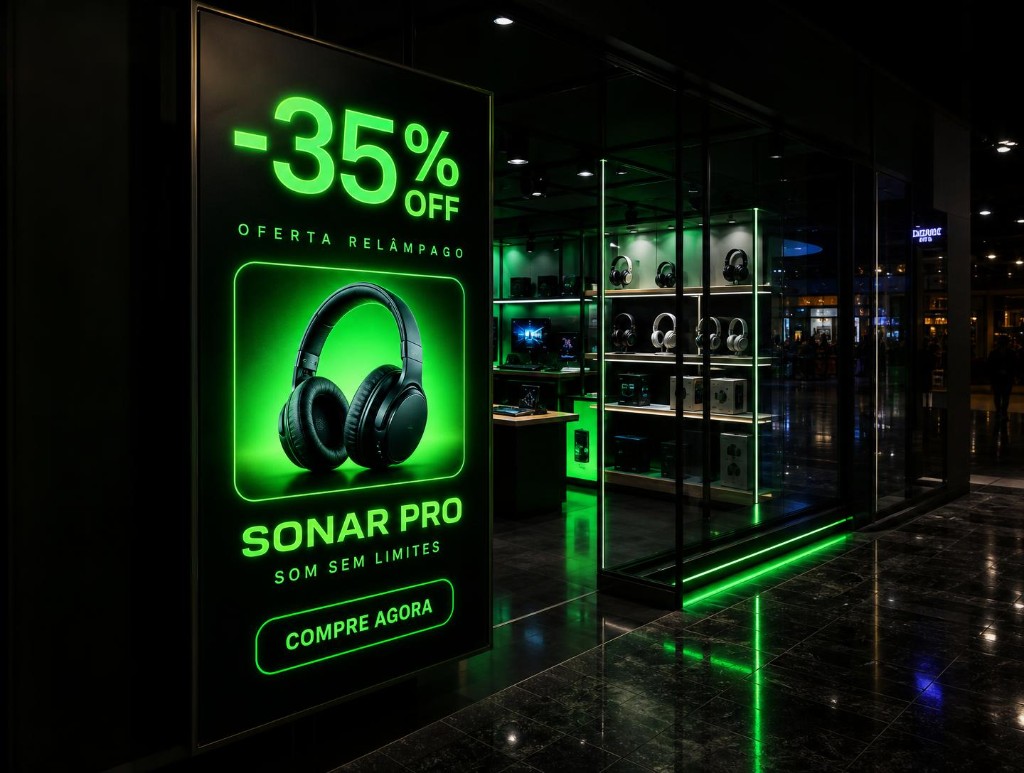 Mídia indoor para eletrônicos com vitrine digital e oferta em destaque