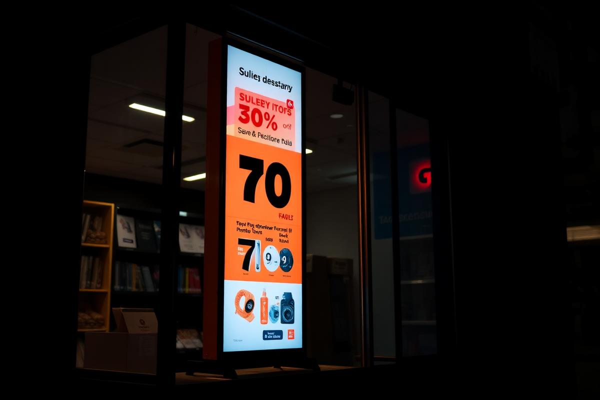 Painel digital exibindo ofertas em vitrine de loja