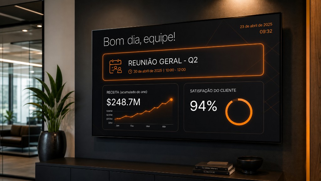 TV corporativa exibindo comunicados internos