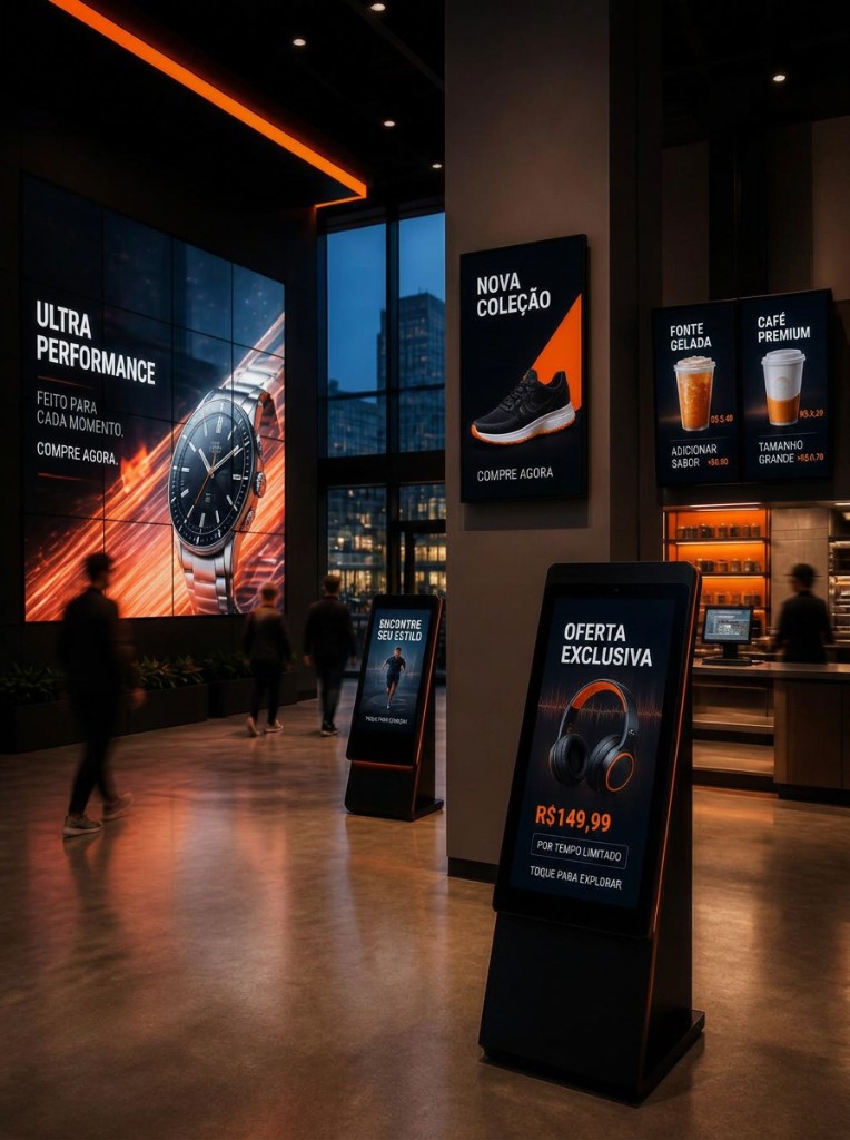 Software de Digital Signage Methoduz: telas digitais e totens exibindo campanhas comerciais