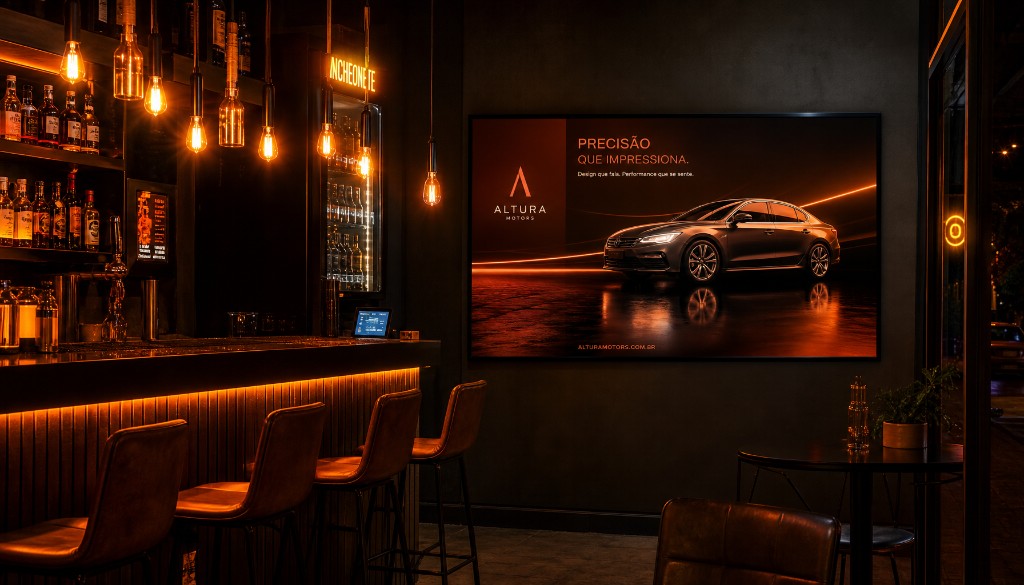 Mídia indoor em bar e restaurante com tela publicitária