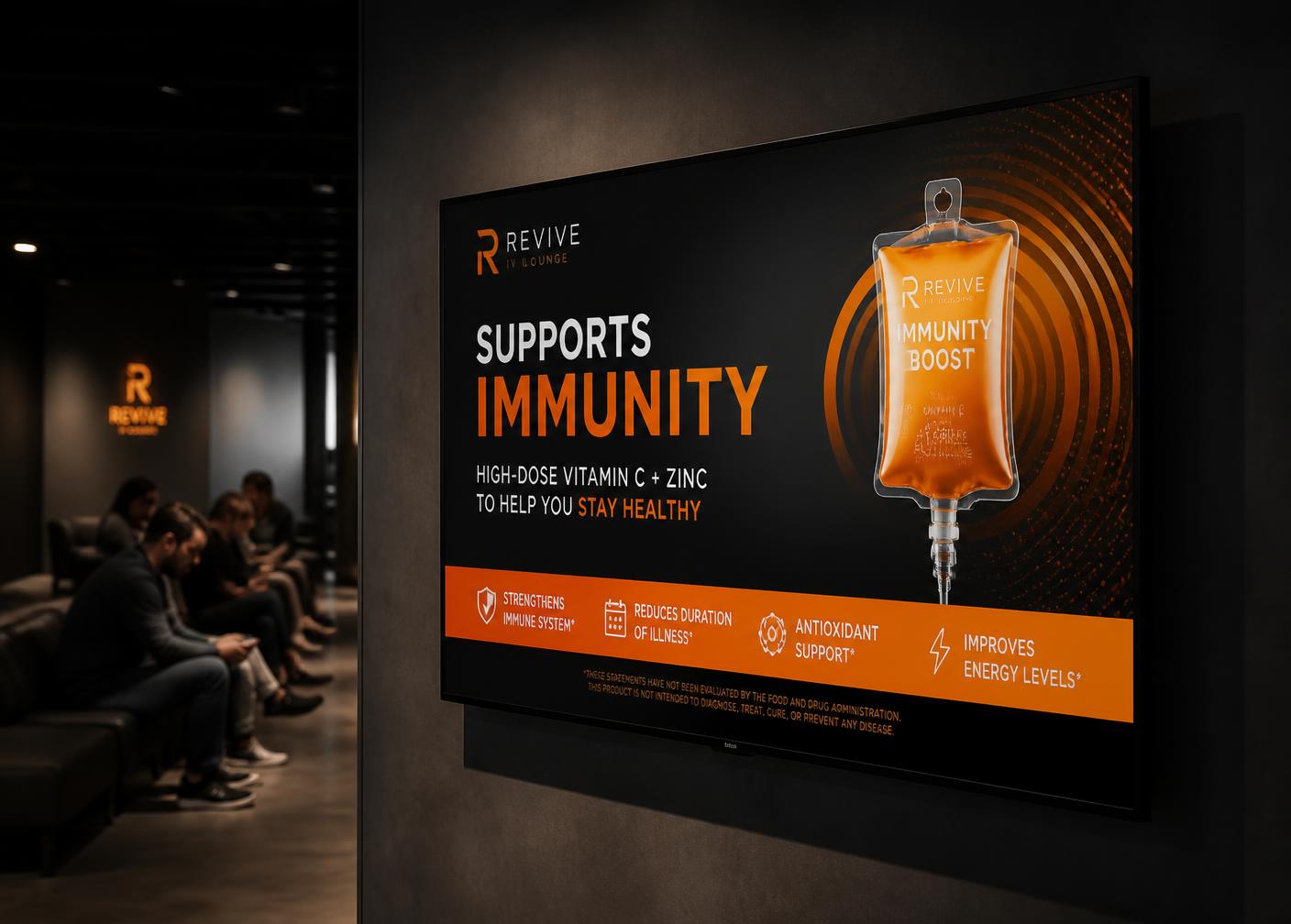 Smart TV exibindo campanha publicitária em sala de espera